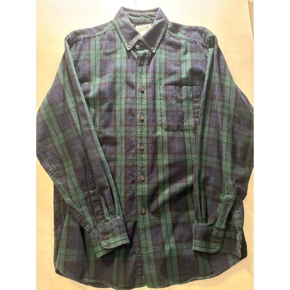LL Bean Flannel Shirt Mens Medium Plaid Green Blue Button Down Cotton Outdoor